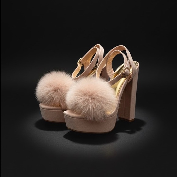 Liliana Selina-1 Shoes - Liliana Selina-1 Nude Pink Pom Pom Platform 5” Block Heels Bratz Y2K Shoes 6.5